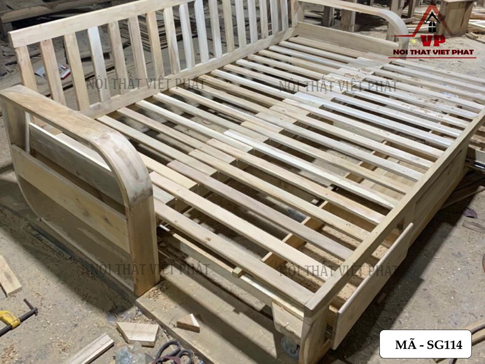 Hình ảnh mộc thưc tế tại xưởng của mẫu ghế sofa giường đa năng gỗ SG114